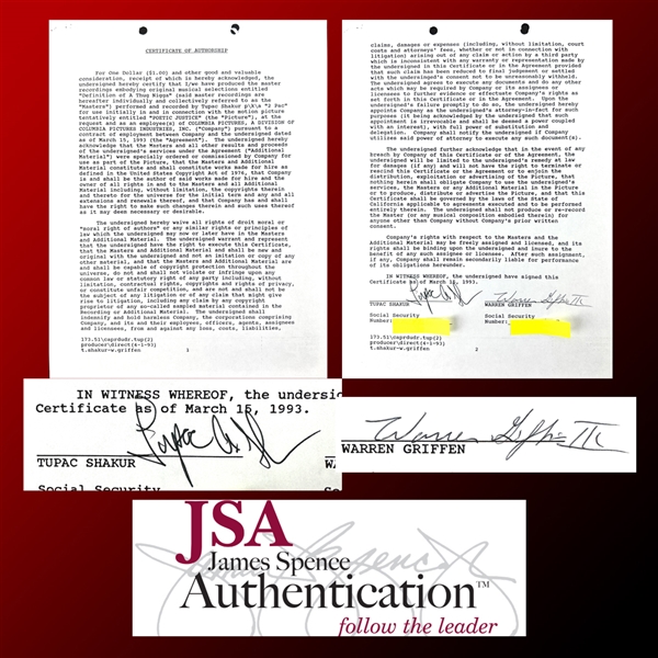Tupac Shakur & Warren G RARE Dual Signed Document Lending "Definition Of A Thug Ni**a" for The Poetic Justice Soundtrack! (JSA LOA)