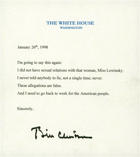 President Bill Clinton Signed Mock White House Letter with Lewinsky Quote (Beckett/BAS LOA)