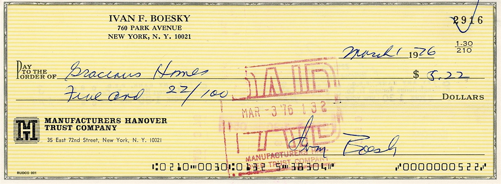 Ivan Boesky Signed Check (PSA Authentication) 