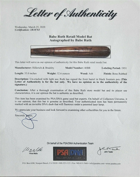 Lot Detail Babe Ruth Exceptionally Fine Signed H B Louisville Slugger