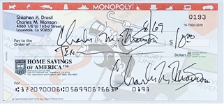 Charles Manson Signed 1969 Monopoly" Themed Personal Check (JSA LOA)