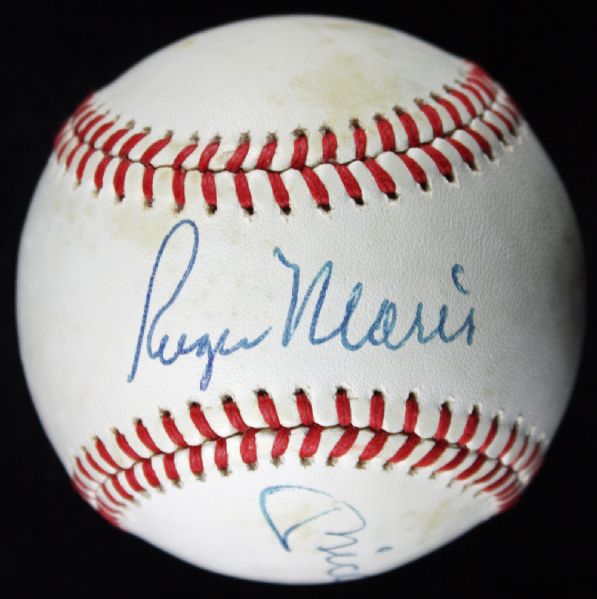 Yankee Icons: Mickey Mantle & Roger Maris Dual Signed OAL Baseball - Maris on Sweetspot (SCARCE!)(JSA)