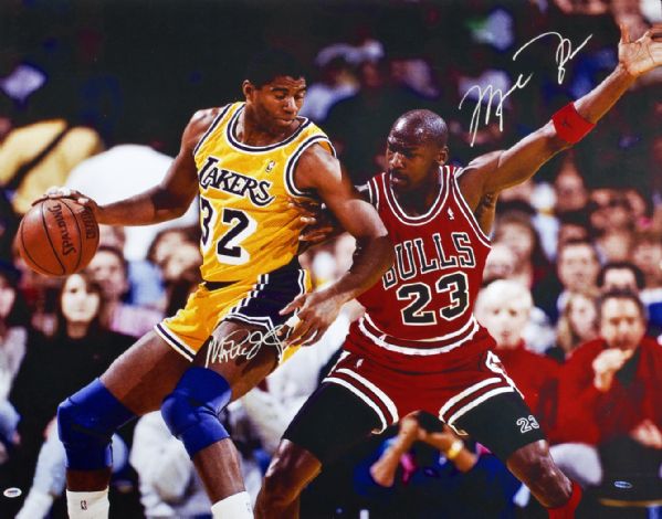 Michael Jordan & Magic Johnson Incredible 36" x 47" Signed Canvas Print (UDA)