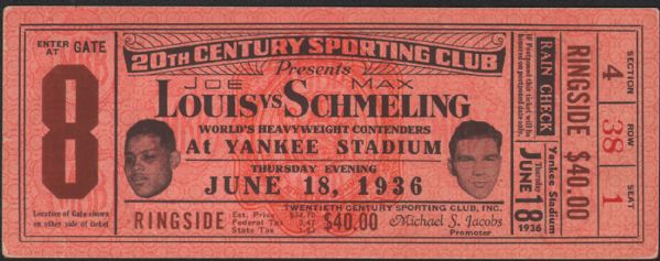 Joe Louis vs. Max Schmeling I (6/18/1936) Full Ringside Fight Ticket w/Louis & Schmeling Autographs