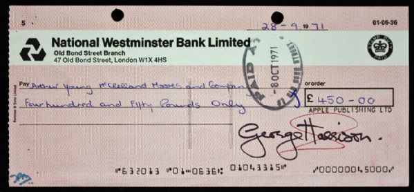 The Beatles: George Harrison Choice Signed Bank Check on Apple Publishing Account (Epperson/REAL)