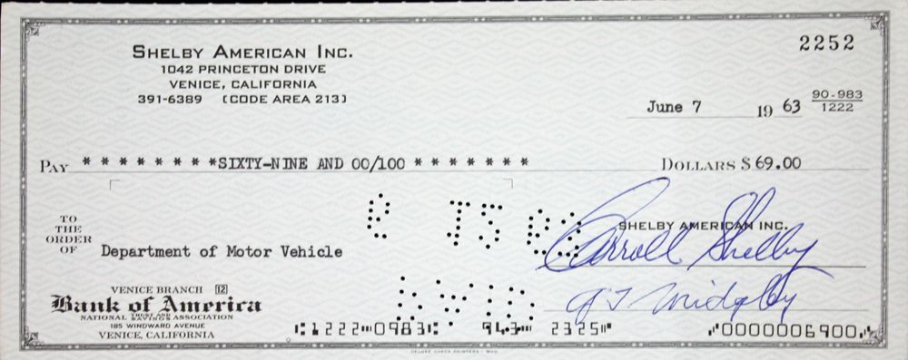 Lot Detail - Carroll Shelby (Mustang) Rare Signed Business Bank Check (JSA)