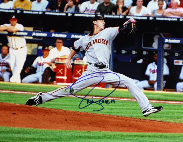 Tim Lincecum Signed 11" x 14" Color Photo w/"Cy 08, 09" Insc.