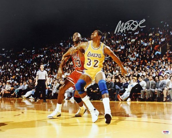 Magic Johnson Signed 16" x 20" Color Photo (w/Jordan)(PSA/DNA)