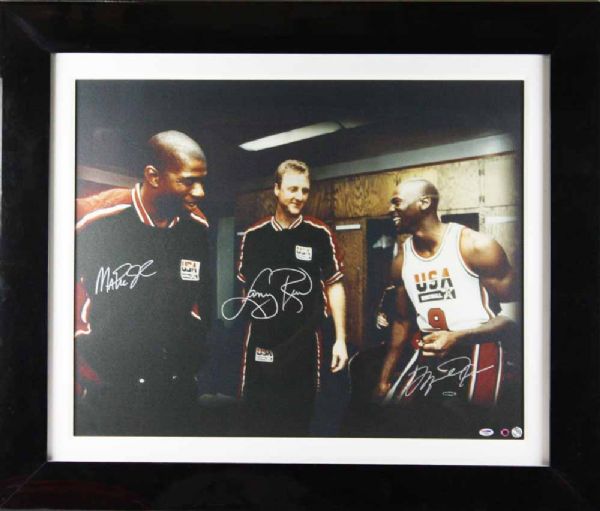 Michael Jordan, Magic Johnson & Larry Bird Signed Framed 32" x 25.5" Rare Oversized Canvas in Custom Framed Display