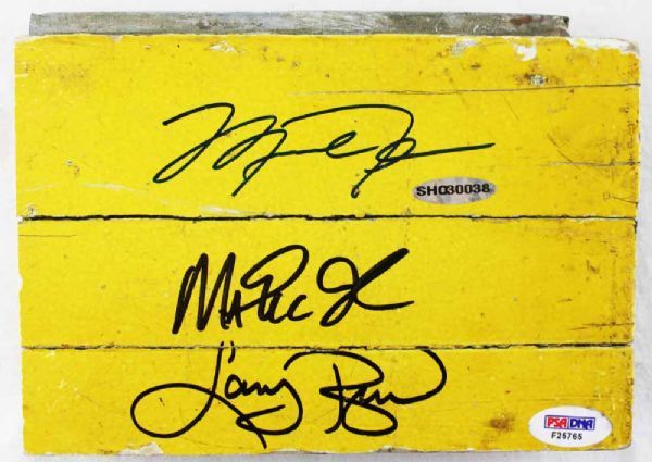 Michael Jordan, Magic Johnson & Larry Bird Triple Signed Lakers Forum Floor Piece (UDA, PSA & Schwartz Sports)