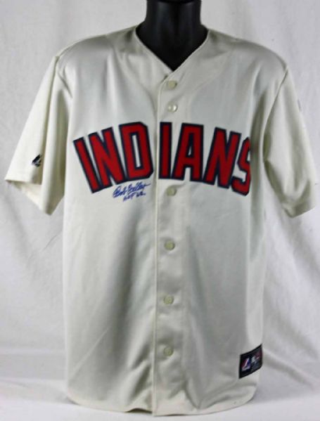 Bob Feller Signed Indians Vintage Style Jersey with "HOF 62" Insciption