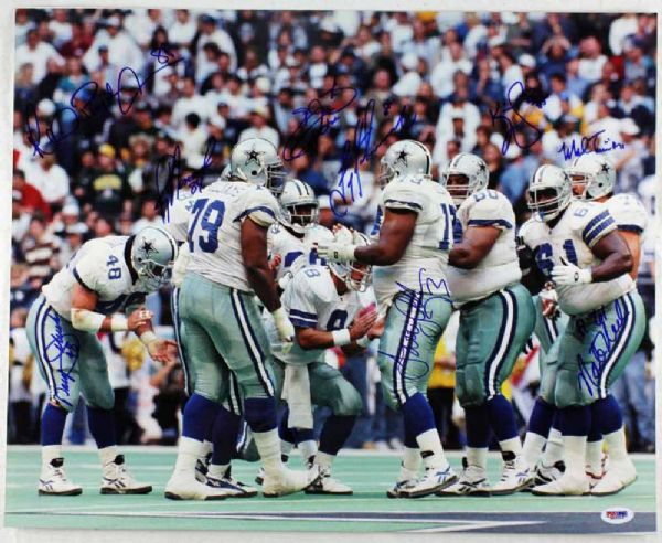 1995 Dallas Cowboys (SB Champs) Offense Signed 16" x 20" Color Photo (9 Sigs)(PSA/DNA)