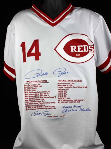 Pete Rose Signed Ltd Edition Career Stats Jersey w/"Charlie Hustle" Insc. (JSA)