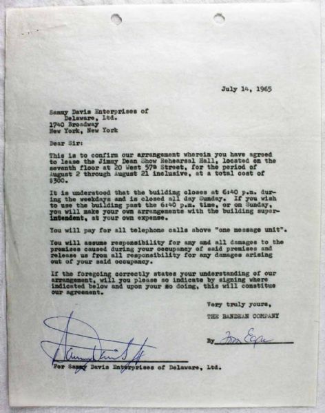 Sammy Davis Jr. Signed Vintage Document (1965) RE: Appearance on "Jimmy Dean Show"
