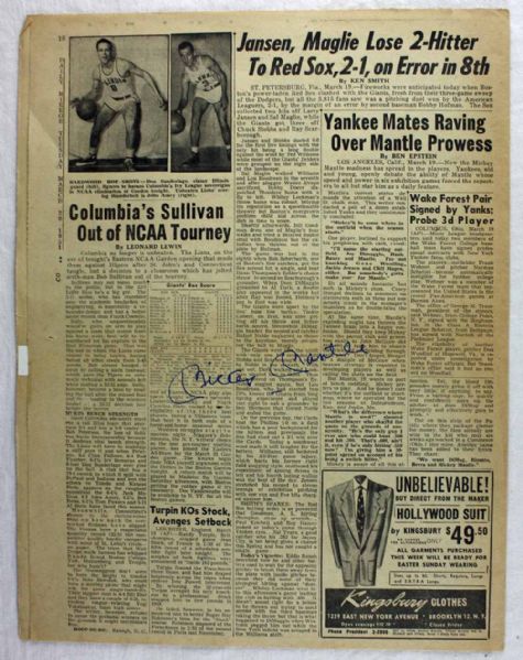 Mickey Mantle Signed Original New York Mirror Newspaper Page 3-20-51 RE: Mantles Debut