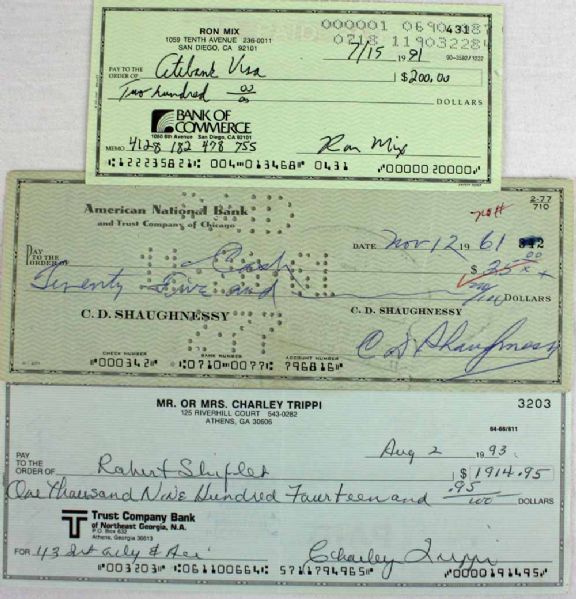 Football Greats Signed Bank Check Lot (3) with Mix, Trippi & Shaughnessy