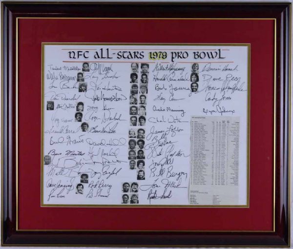 1978 NFC Pro Bowl Team-Signed Presentation Display (w/43 incl. Bud Grant, Dorsett, Staubach, Archie Manning, Walter Payton) (PSA/DNA)