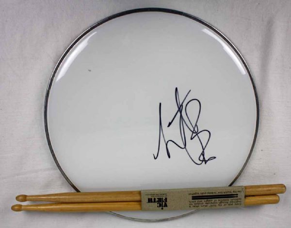 Rolling Stones: Charlie Watts Signed Drumhead with Personal Model Drumsticks