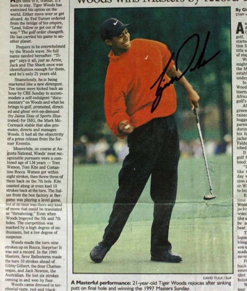 Tiger Woods Signed 1997 Newspaper Article Regarding Masters Victory