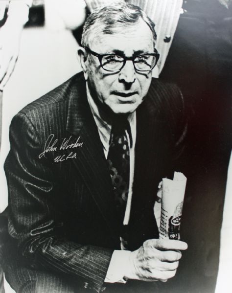 John Wooden Signed 16" x 20" Black and White Photo