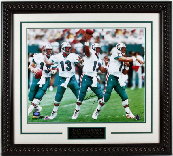 Dan Marino Signed 16" x 20" Color Photo in Custom Framed Display (Marino Holo & Mtd. Memories)