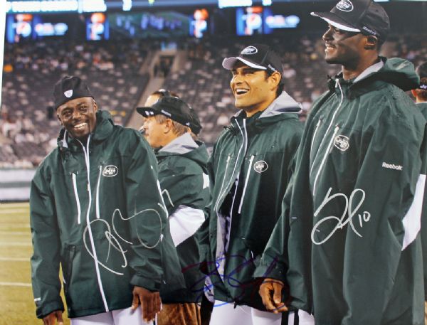 Jets Stars: Sanchez, Holmes & Burress Signed 11" x 14" Color Photo