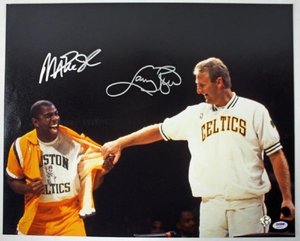 Magic Johnson & Larry Bird Dual Signed 16" x 20" Color Photo (PSA/DNA & Bird Hologram)