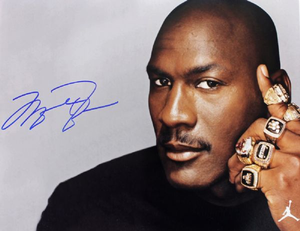 Michael Jordan Superb Signed 11" x 14" Color Photo with Championship Rings!