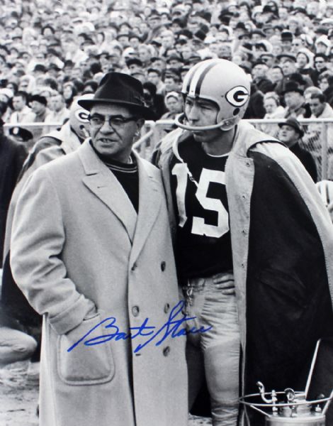 Bart Starr Signed 11" X 14" B&W Photo w/Vince Lombardi!