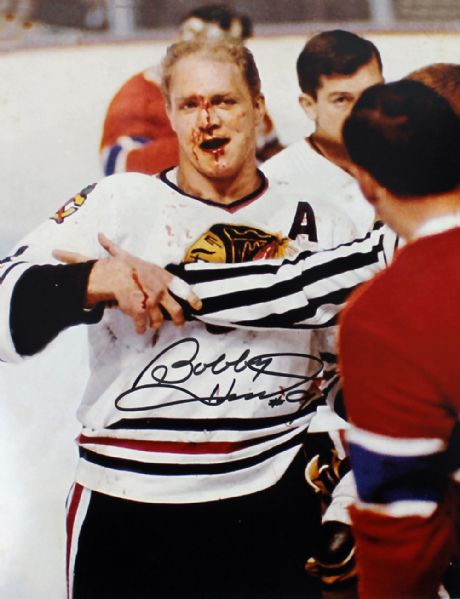 Bobby Hull Signed 11" x 14" Color Photo with Busted Nose!