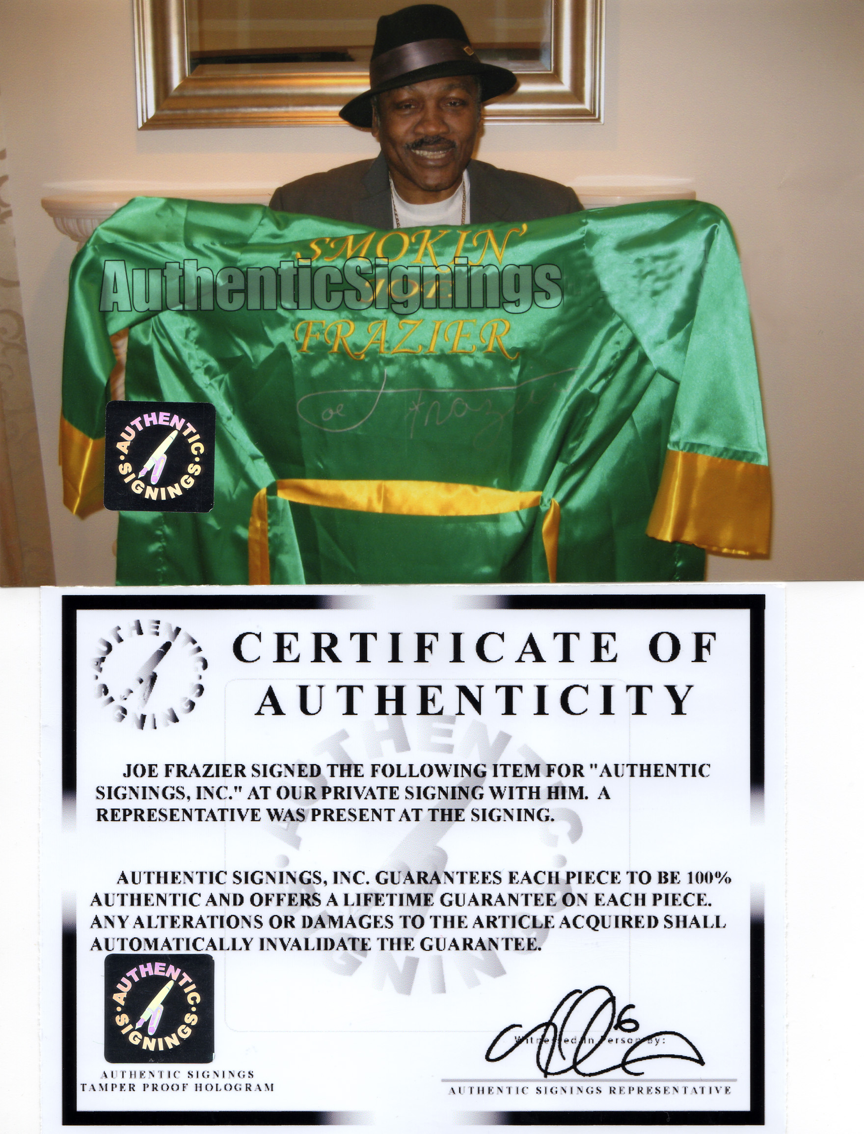 Lot Detail - Joe Frazier Signed Personal Model Silk Boxing Robe with  Signing Photo (ASI)