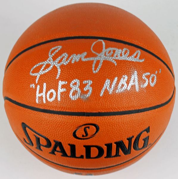 Sam Jones Signed NBA Leather Game Model Basketball with "HOF 83, NBA 50" Inscription