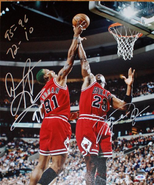 Michael Jordan & Dennis Rodman Signed 16" x 20" Color Photo w/"95-96, 72-10" Inscription (PSA/DNA & UDA)