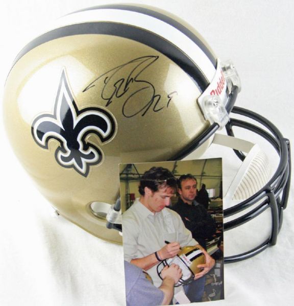 Drew Brees Signed Saints Full Sized Helmet w/Signing Pic (Brees Holo + Signing Photo)