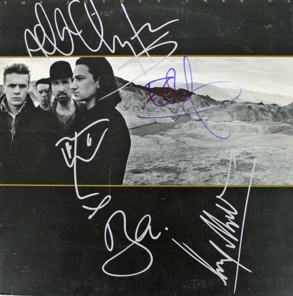 U2 Group Signed "Joshua Tree" Record Album w/Rare Bono Self Portrait Sketch!