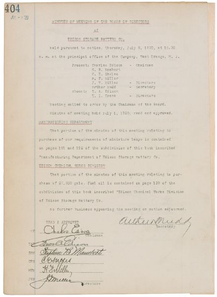 Thomas Edison DOUBLE SIGNED Document for Edison Storage Battery Co. (PSA/DNA)