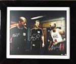 Michael Jordan, Magic Johnson & Larry Bird Signed Framed 32" x 25.5" Rare Oversized Canvas in Custom Framed Display