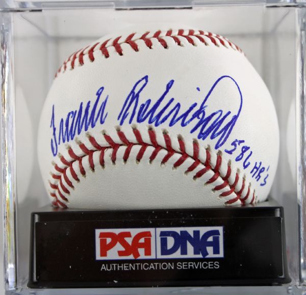 Frank Robinson Signed OML Baseball with "586 HRs" Insc. - PSA/DNA Graded MINT 9