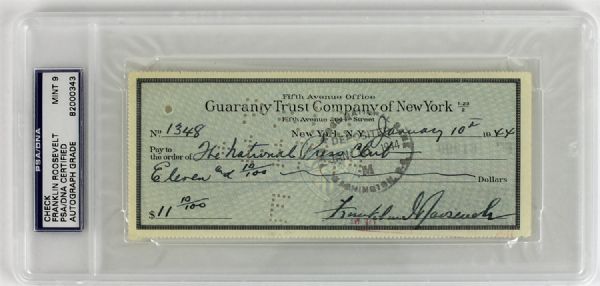 President Franklin D. Roosevelt Signed Bank Check as President PSA Graded MINT 9