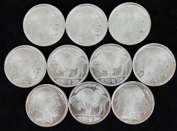 Lot of Ten (10) 1-Ounce Silver Indian Head/Buffalo Commemorative Coins
