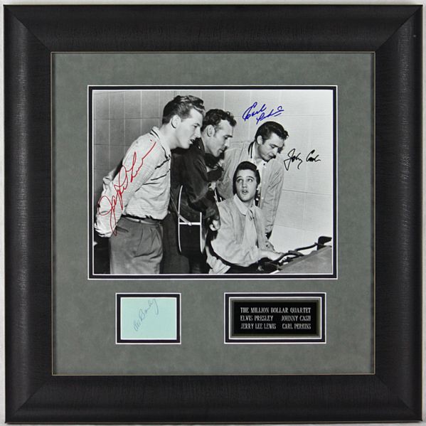 The Million Dollar Quartet: Amazing Signed Display 11" x 14" Photo & Vintage Elvis Signature (JSA & REAL)