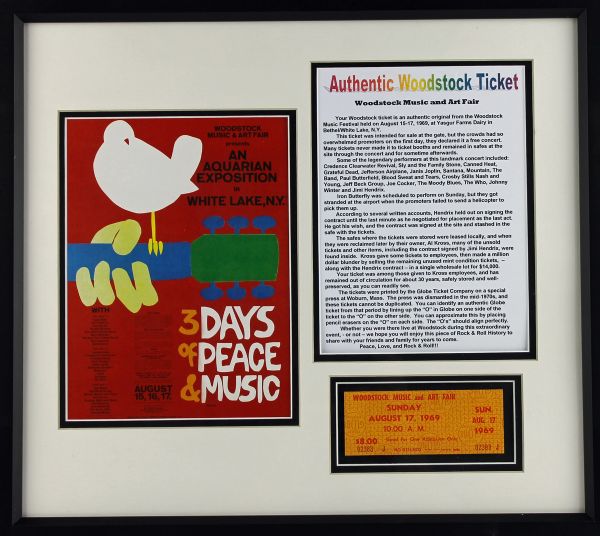 Woodstock Custom Display with Rare Unused Sunday Ticket (Hendrix Performance)