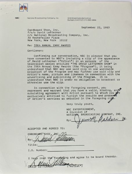 David Letterman Rare Double Signed NBC Document RE: 35th Emmy Awards (PSA/DNA)