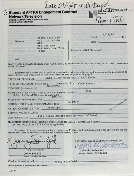 Jerry Seinfeld Signed Early Guest Contract for "David Letterman"  from 1984! (PSA/DNA)