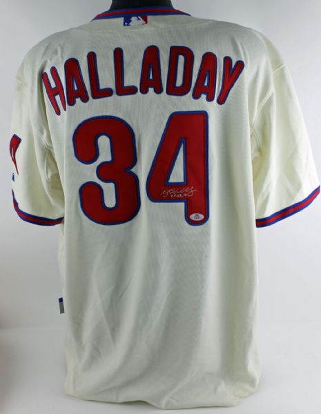 Roy Halladay Signed Phillies Pro Model Jersey with "Cy 03, 10" Inscription
