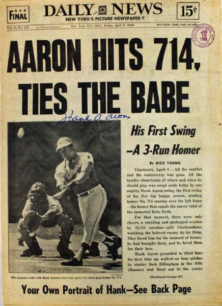 Hank Aaron Signed Original NY Post Newspaper (714th HR Tying Babe Ruth)(PSA/DNA)