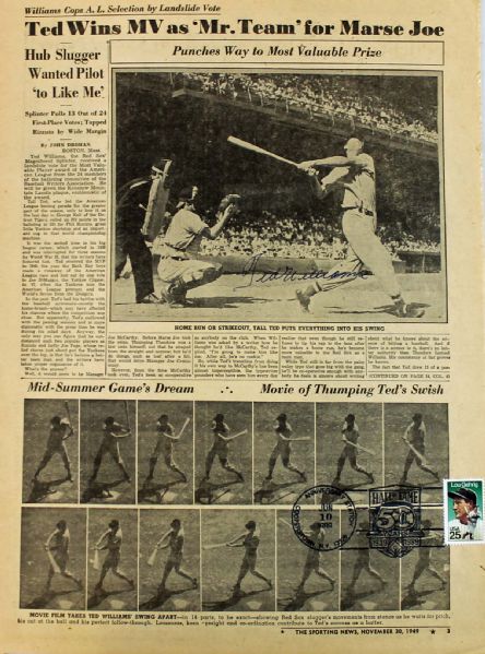Ted Williams Signed November 30, 1949 Sporting News Page RE: 1949 MVP Award (PSA/DNA)