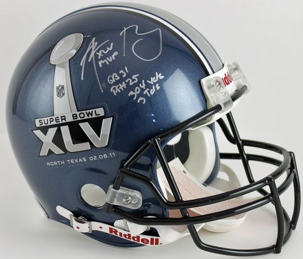Aaron Rodgers Signed SB XLV PROLINE Helmet w/"XLV MVP - GB 31, Pitt 25, 304 yds, 3tds" Inscription (Steiner Holo) 