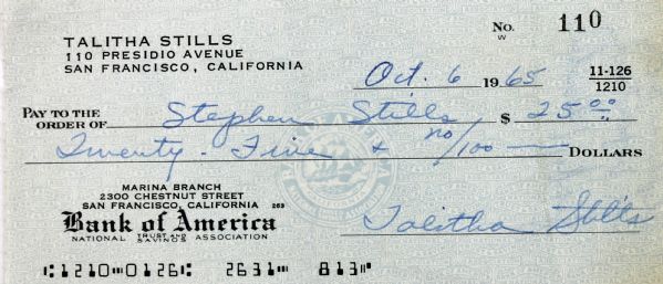 Stephen Stills Signed Vintage Bank Check (1965)(Epperson/REAL Pre-Certified)