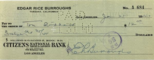 Tarzan: Edgar Rice Burroughs Vintage Signed Bank Check (JSA)